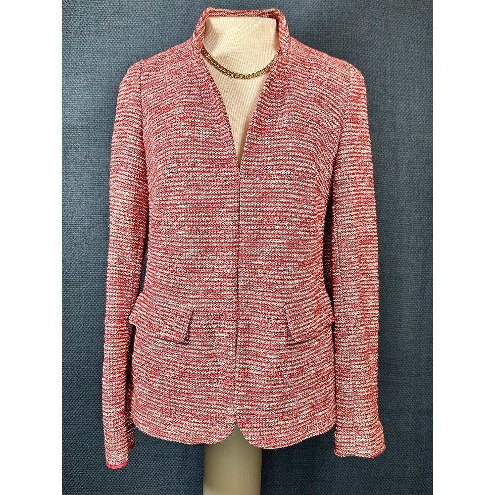 Talbots Red White Tweed Knit Blazer Jacket Size 6 Stretch Hook Closure Textured